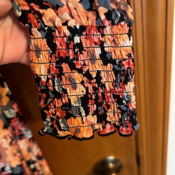 Spring Floral Wrap Dress Scrunch Sleeve Easter Orange Pink Blue Flowers - Picture 7 of 9